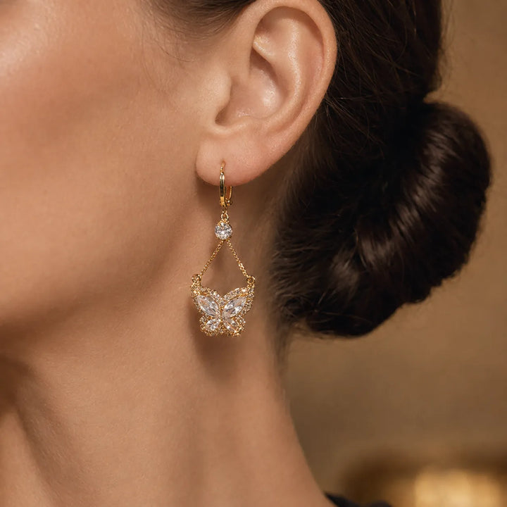 Papillore – Sparkling butterfly drop earrings, gold-plated cubic zirconia, delicate everyday elegance