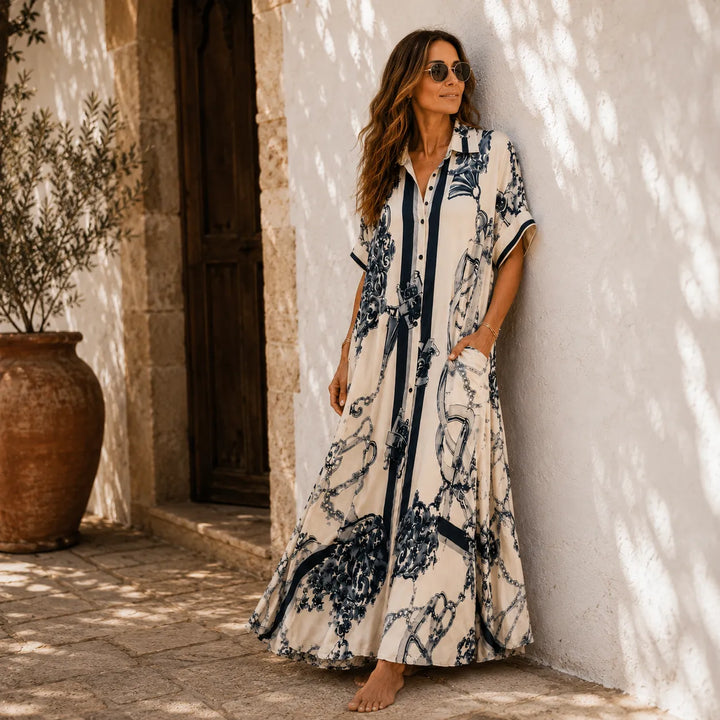 Solenne – Vintage Scroll Print Maxi Shirt Dress with Pockets