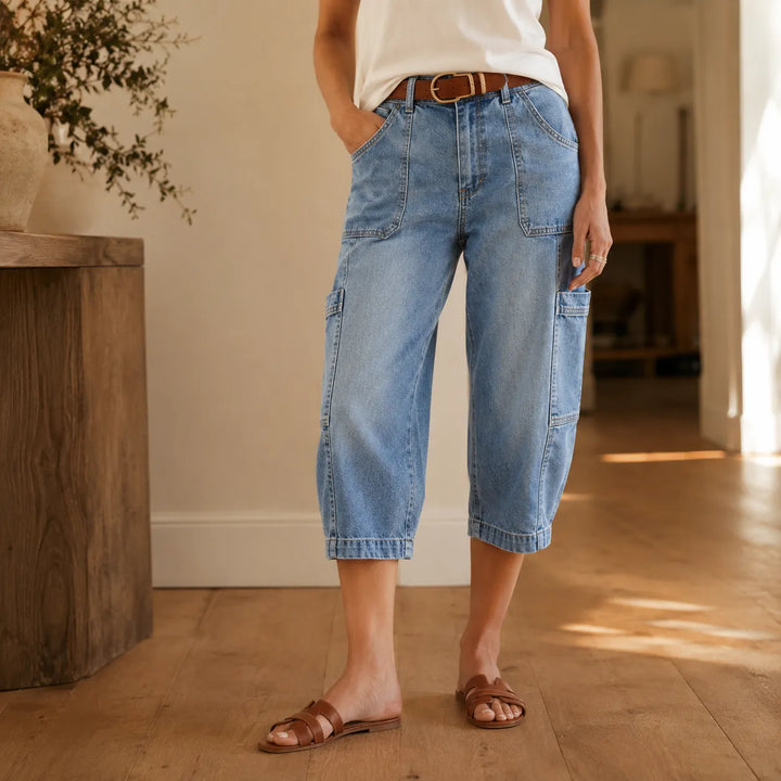 Mayfield – Cropped Barrel Denim look Capris with Cargo Pockets, Stretch Fit