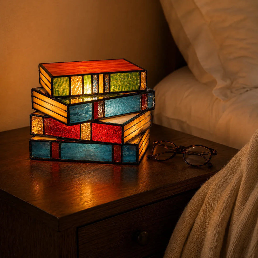 Lumira – Stained Glass Book Stack Table Lamp for Bedside & Reading Book