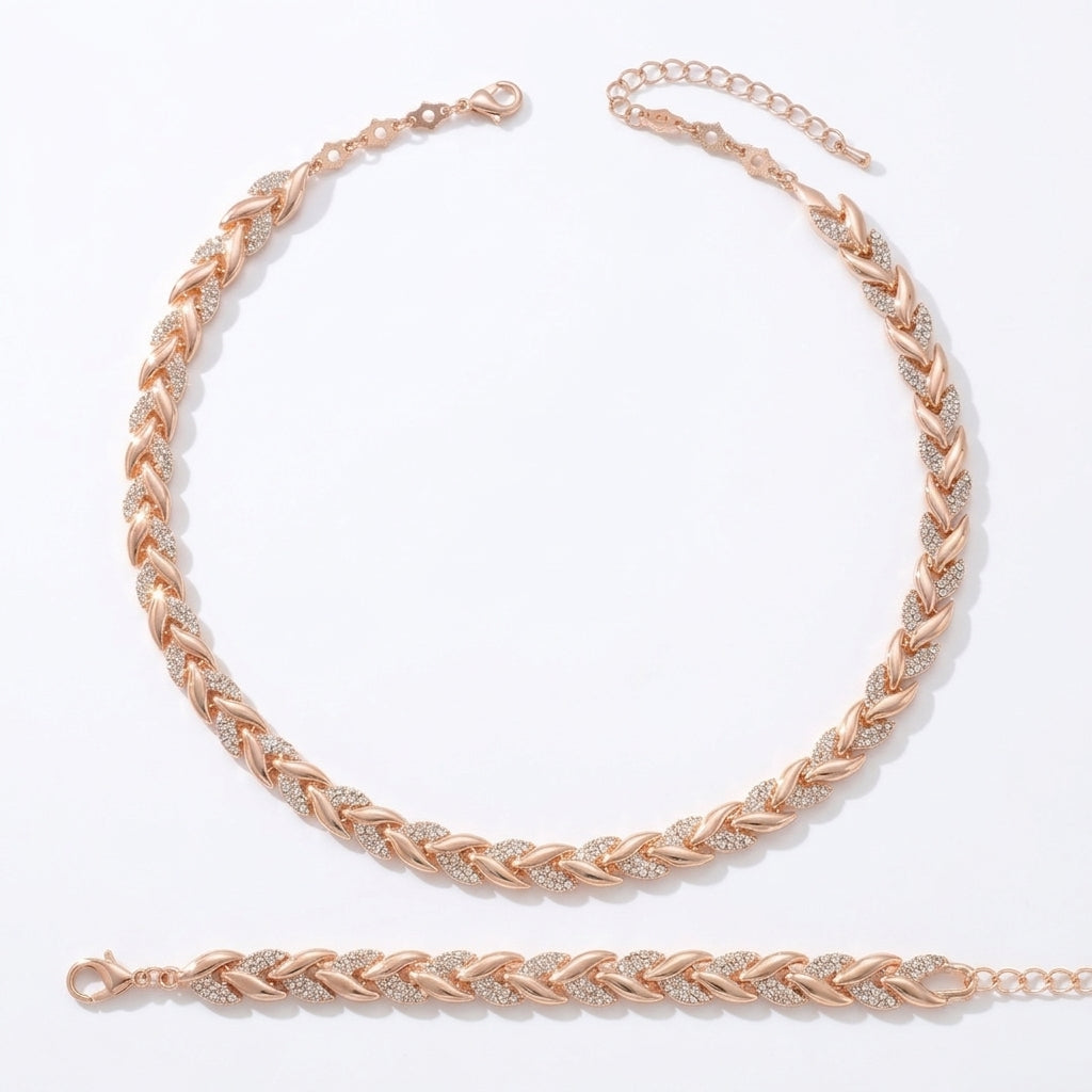 Levara - Sparkling Leaf Link Necklace and Bracelet Set