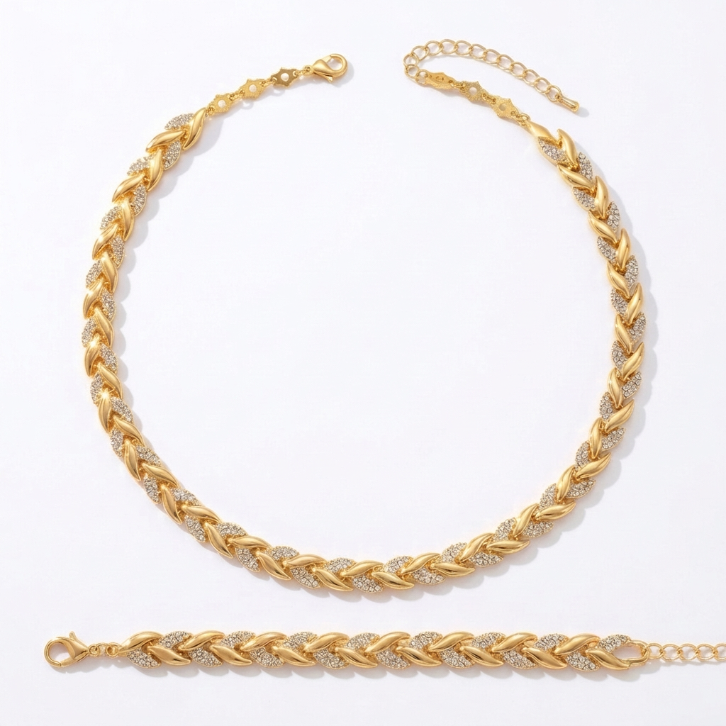 Levara - Sparkling Leaf Link Necklace and Bracelet Set