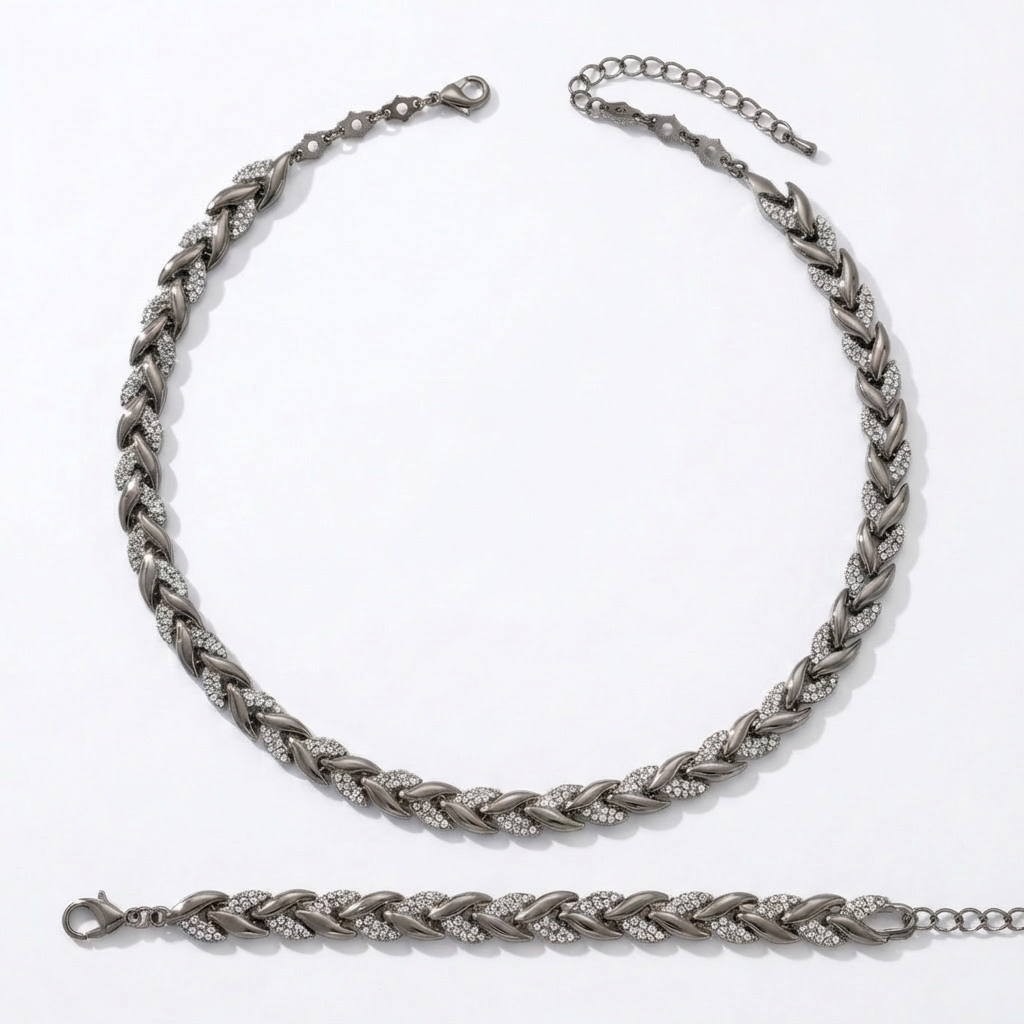 Levara - Sparkling Leaf Link Necklace and Bracelet Set