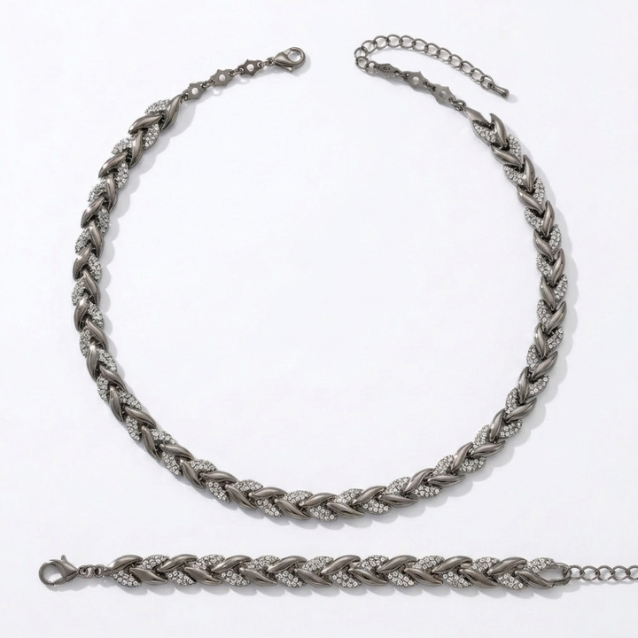 Levara - Sparkling Leaf Link Necklace and Bracelet Set