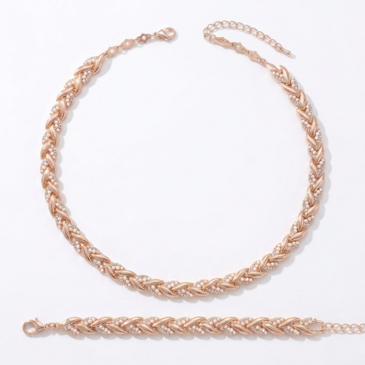 Levara - Sparkling Leaf Link Necklace and Bracelet Set