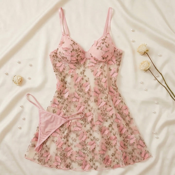 Papielle - Butterfly Embroidery Mesh Nightdress Set