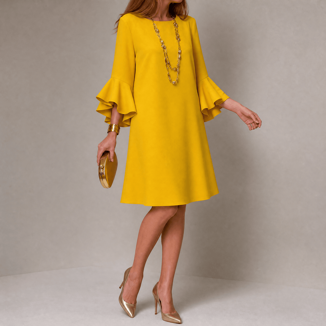 Hilaria – Women's Statement Bell Sleeve Mini Dress Mustard Yellow