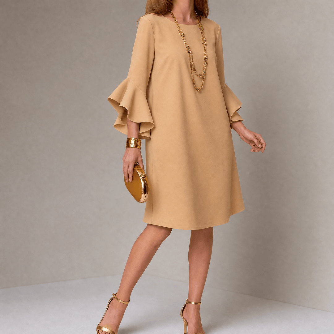 Hilaria – Women's Statement Bell Sleeve Mini Dress Warm Camel