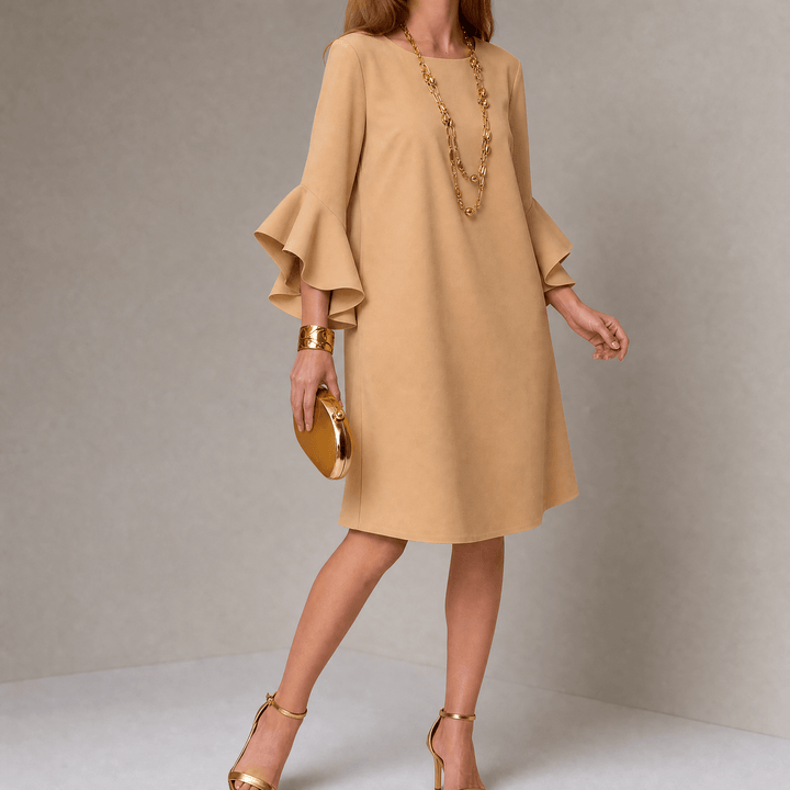 Hilaria – Women's Statement Bell Sleeve Mini Dress Warm Camel