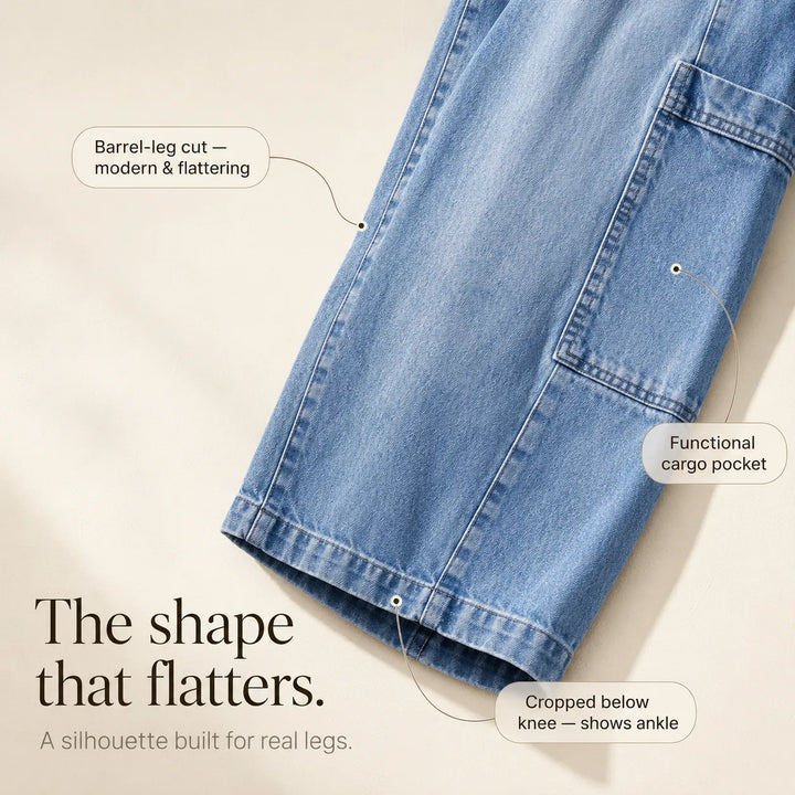 Mayfield – Cropped Barrel Denim look Capris with Cargo Pockets, Stretch Fit