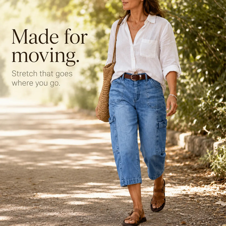 Mayfield – Cropped Barrel Denim look Capris with Cargo Pockets, Stretch Fit