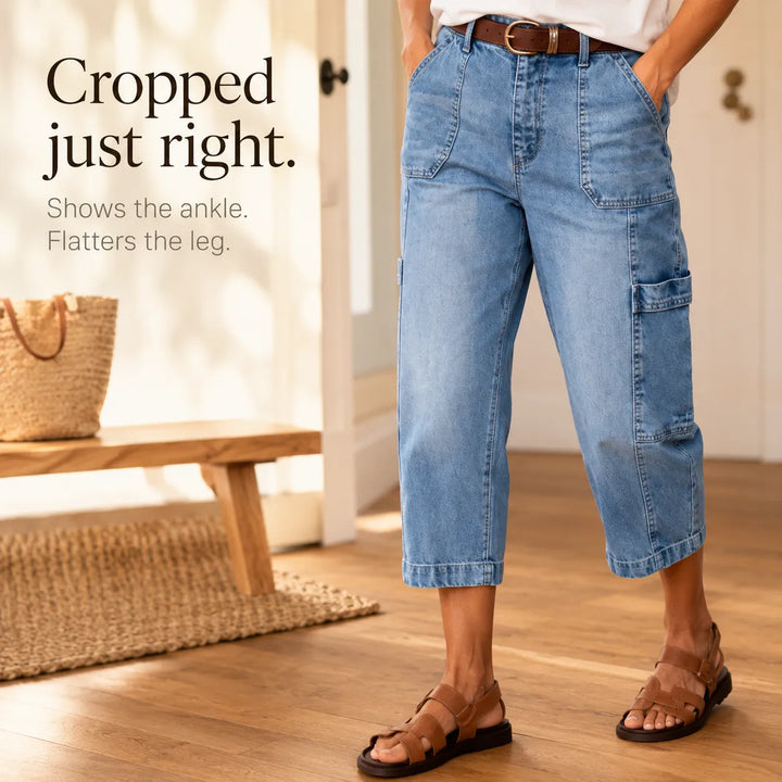 Mayfield – Cropped Barrel Denim look Capris with Cargo Pockets, Stretch Fit