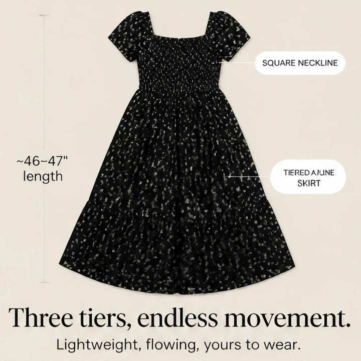Florenza – Square Neck Floral Midi Dress with Smocked Bodice & Tiered Skirt