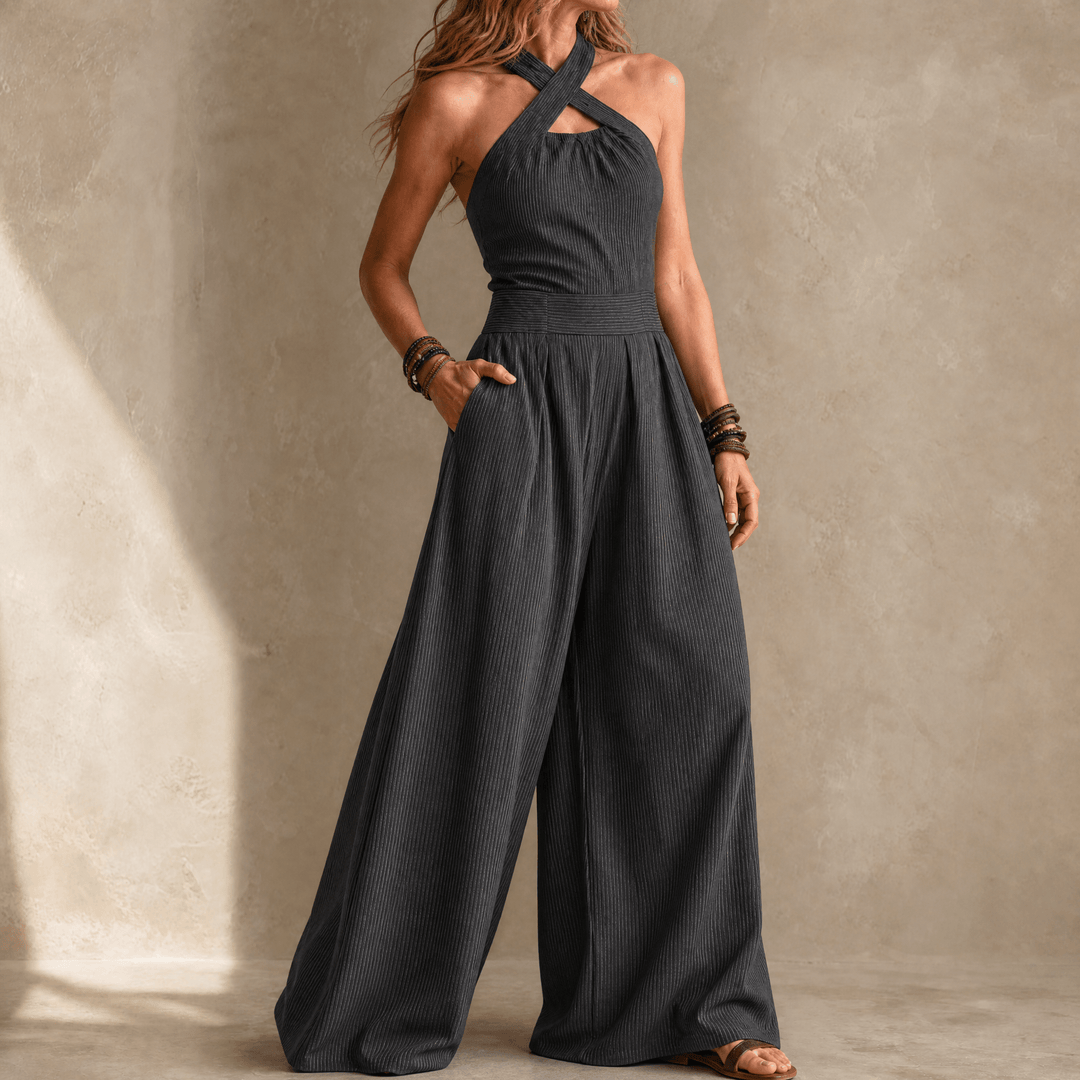 Karissa – Women's Flowing Wide-Leg Halter Jumpsuit Charcoal