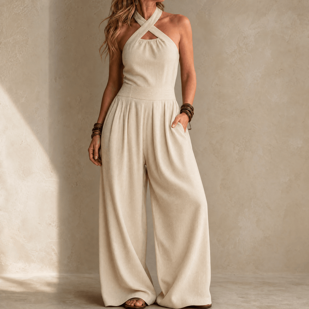 Karissa – Women's Flowing Wide-Leg Halter Jumpsuit Sand Cream