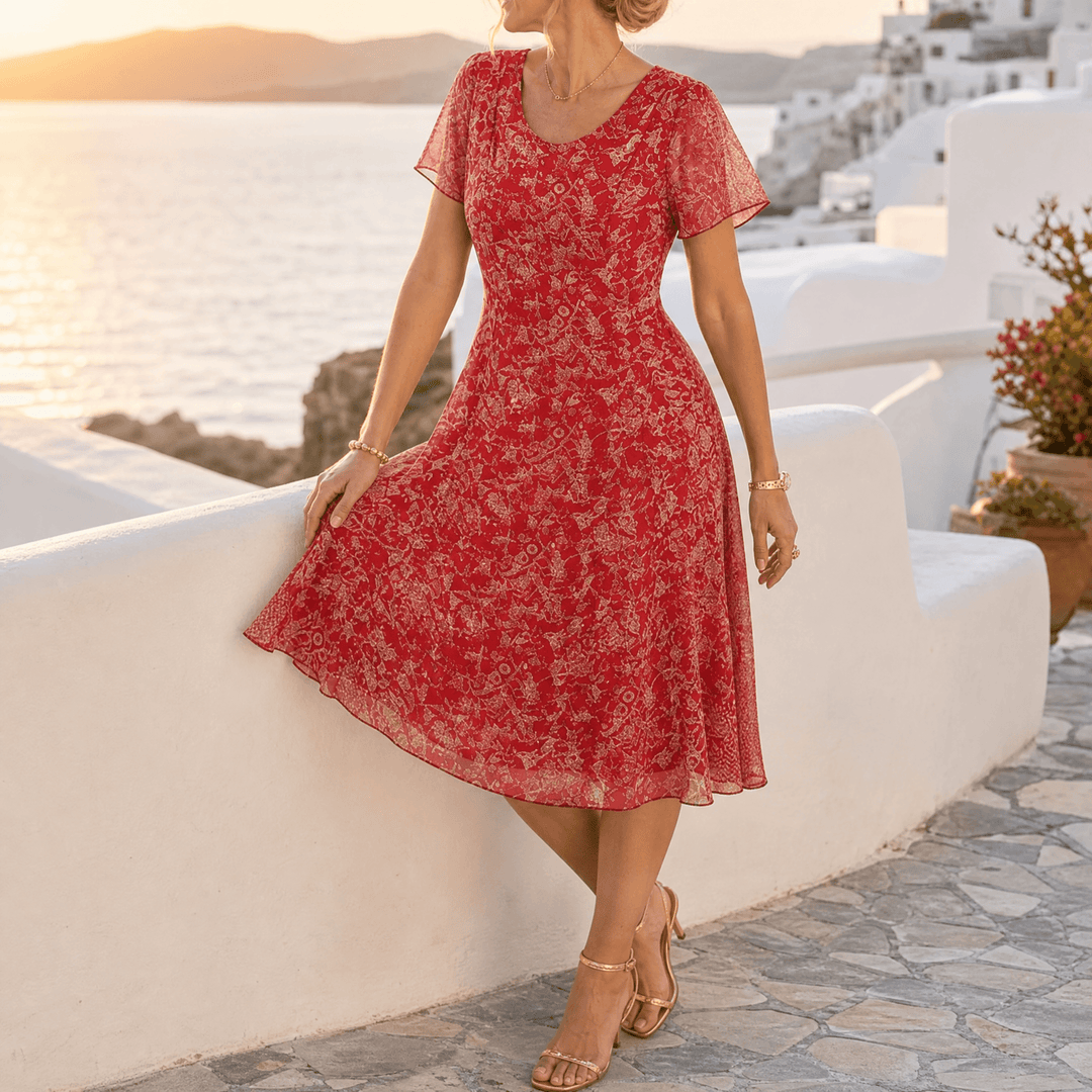 Kynara – Women's Flutter-Sleeve Fit-and-Flare Dress Sunset Red