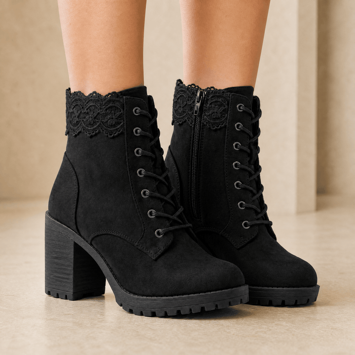 Lacelle - Romantic Lace Trim Suede Ankle Boots Black / 5