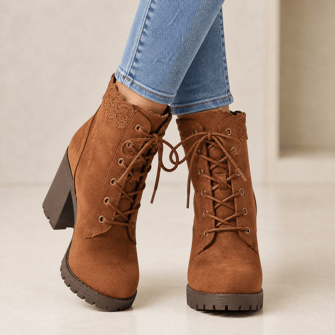Lacelle - Romantic Lace Trim Suede Ankle Boots Caramel / 5