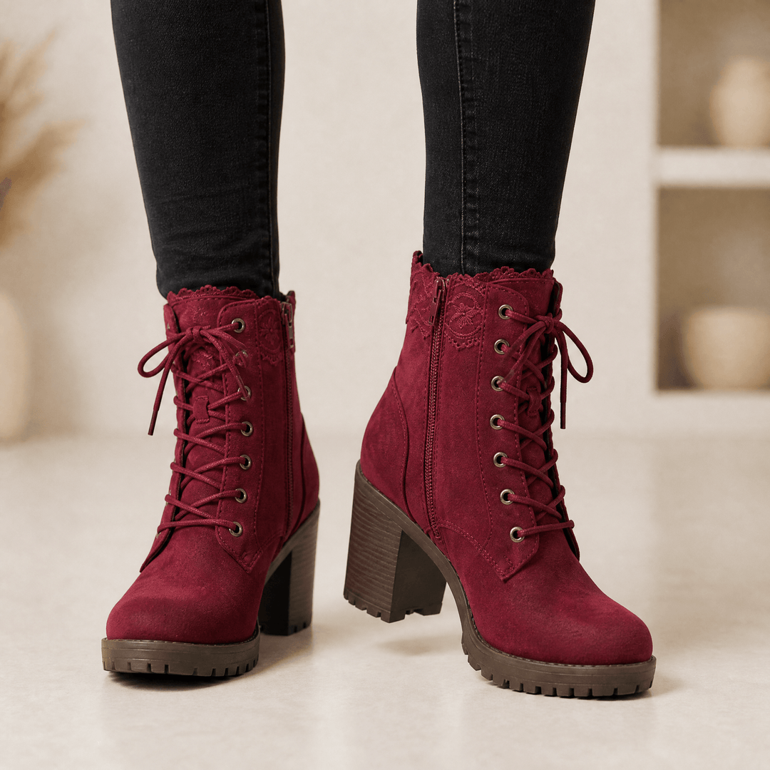 Lacelle - Romantic Lace Trim Suede Ankle Boots Red wine / 5