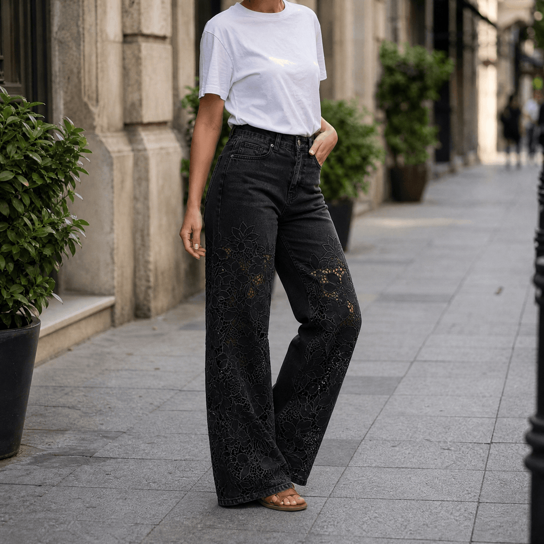 Laceveil – Women's Floral Lace Patchwork Wide Leg Jeans Black