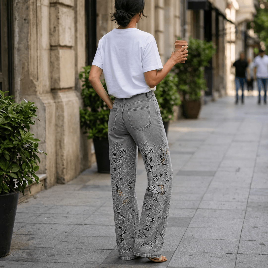 Laceveil – Women's Floral Lace Patchwork Wide Leg Jeans Grey