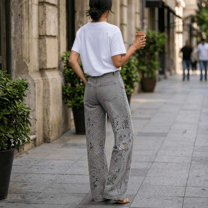 Laceveil – Women's Floral Lace Patchwork Wide Leg Jeans Grey