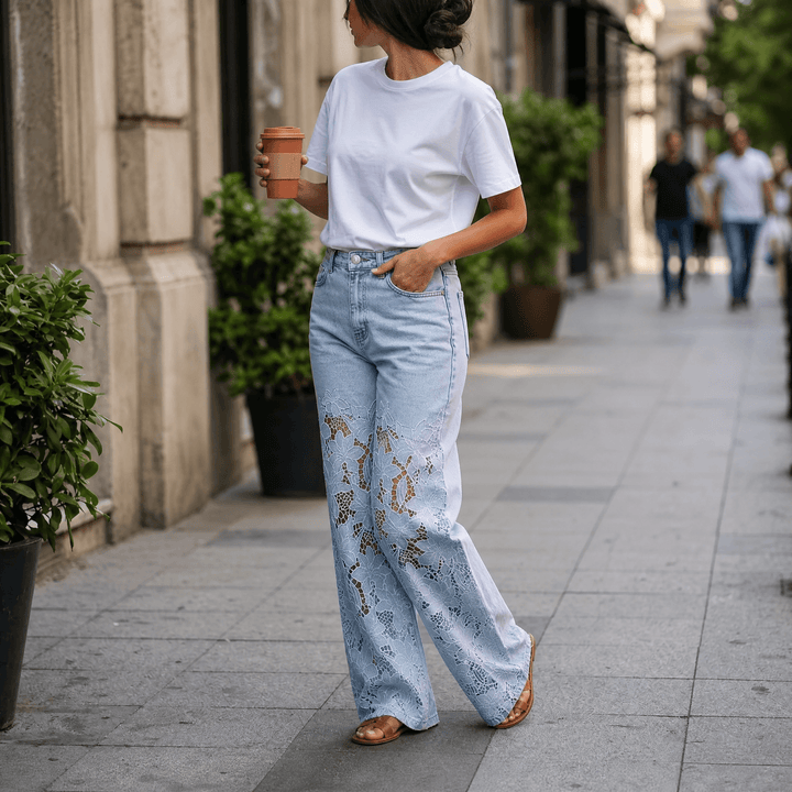 Laceveil – Women's Floral Lace Patchwork Wide Leg Jeans Light Blue
