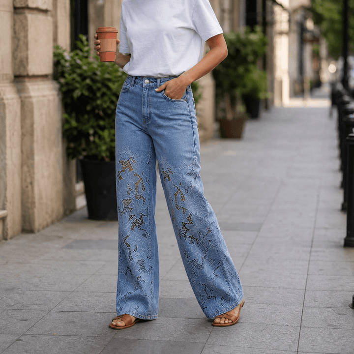 Laceveil – Women's Floral Lace Patchwork Wide Leg Jeans Medium Blue