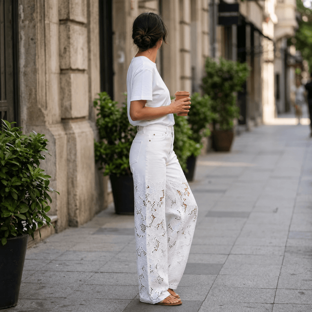 Laceveil – Women's Floral Lace Patchwork Wide Leg Jeans White