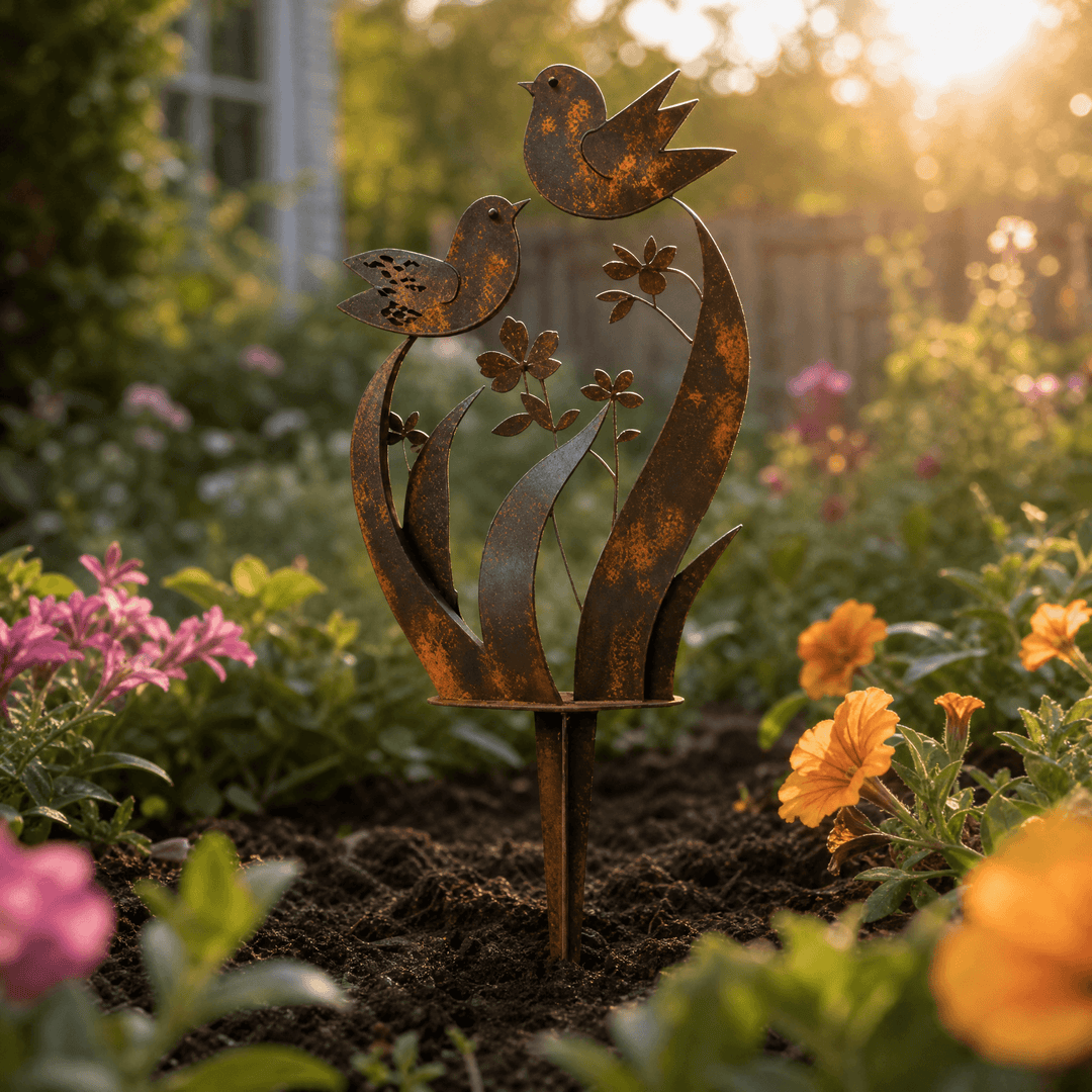 Lark & Iron – Rustic Bird & Wildflower Garden Stake Brown / 13.8" tall x 5.3" wide