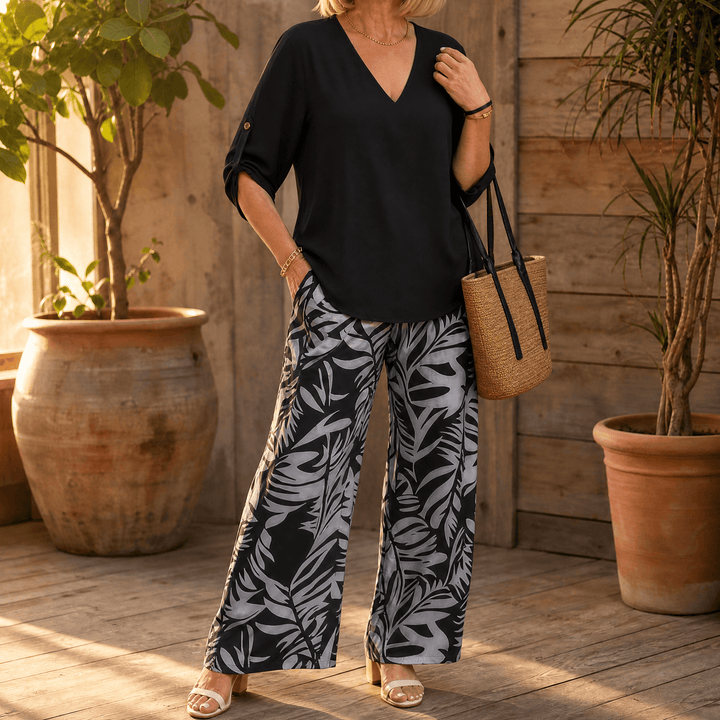 Lark & Palm – Women's V-Neck Top & Leaf-Print Wide-Leg Pants Set Black / S