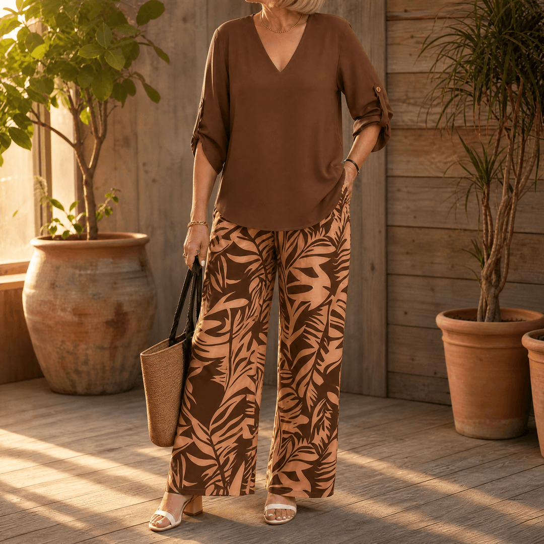 Lark & Palm – Women's V-Neck Top & Leaf-Print Wide-Leg Pants Set Coffee / S