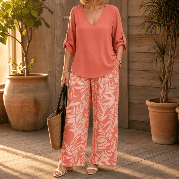 Lark & Palm – Women's V-Neck Top & Leaf-Print Wide-Leg Pants Set Coral Pink / S