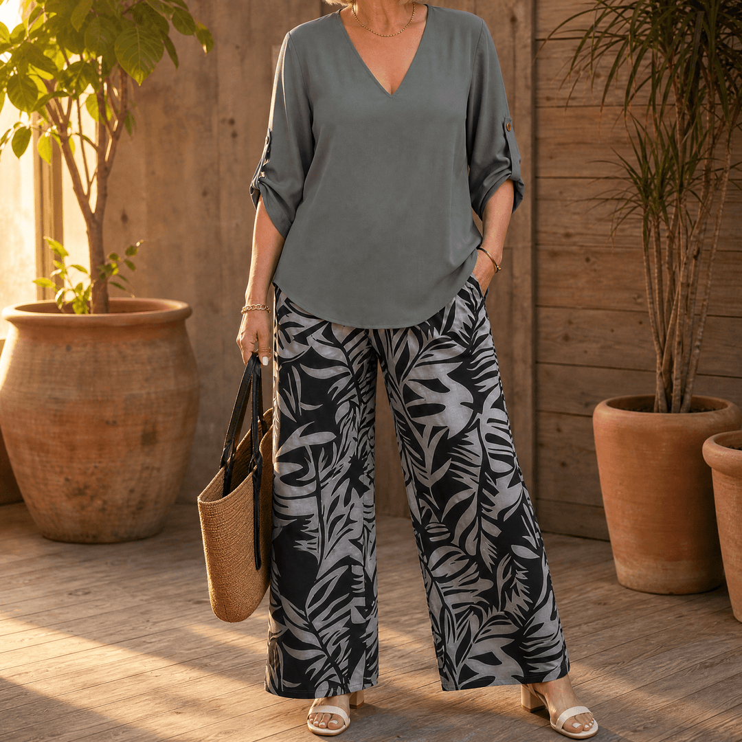 Lark & Palm – Women's V-Neck Top & Leaf-Print Wide-Leg Pants Set Gray / S