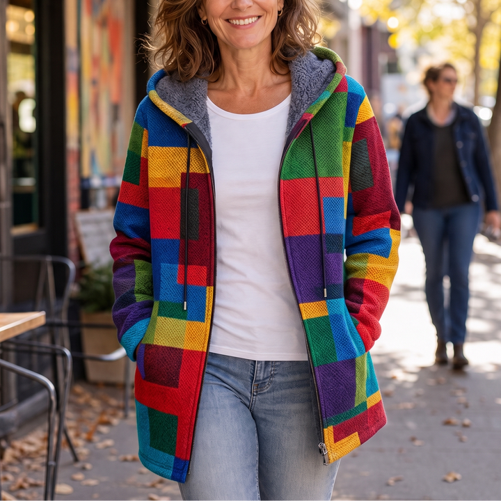 Patchwork Muse – Colorful Patchwork Hooded Cardigan