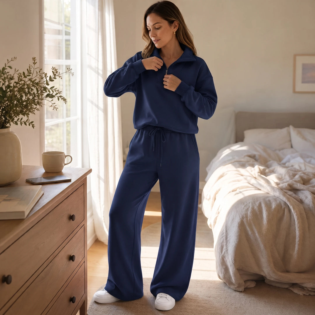 Veya – Quarter-Zip Stand-Collar Blouse And Wide-Leg Trouser Set