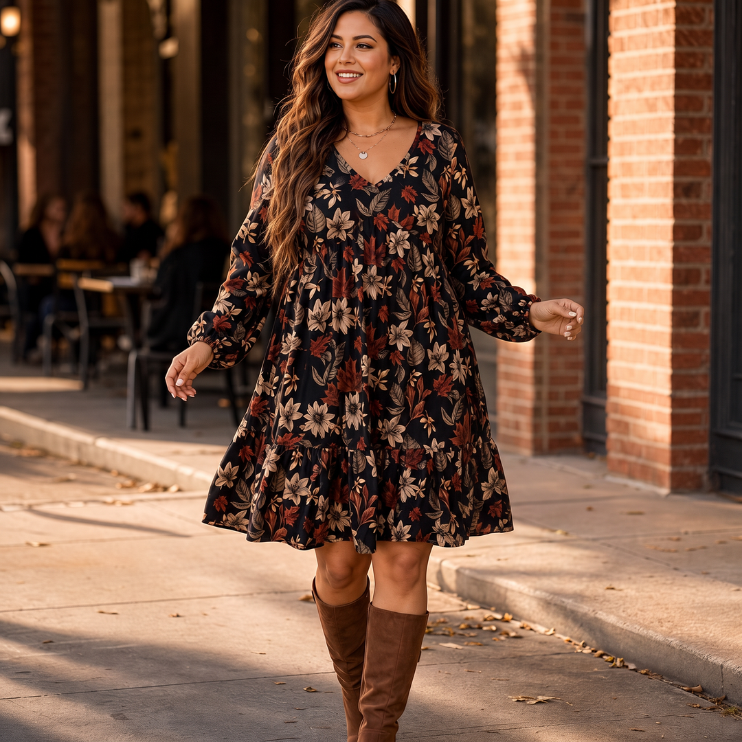 Maple Muse – Botanical Print Midi Dress