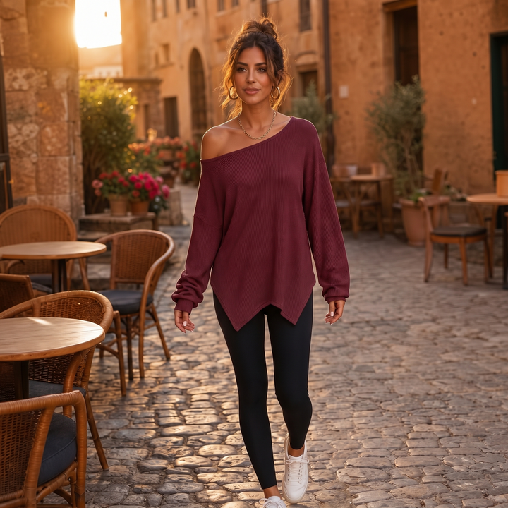 Veluna – Side-Slit Off-Shoulder Tunic Blouse