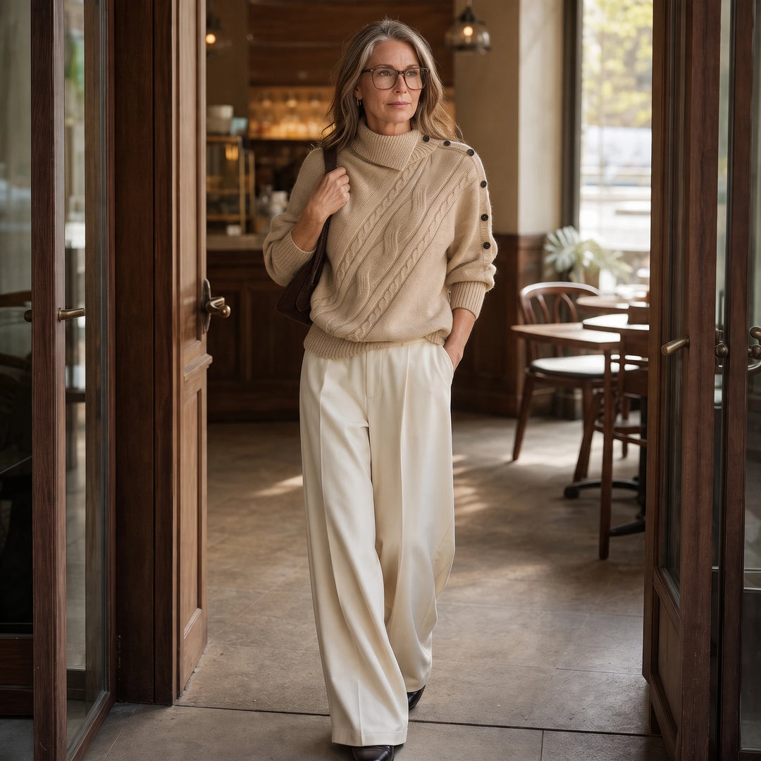 Cabledge – Diagonal Cable-Knit Button-Neck Sweater
