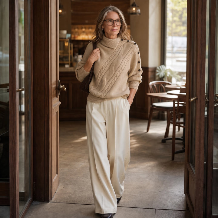 Cabledge – Diagonal Cable-Knit Button-Neck Sweater