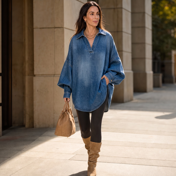 Denimelle – Soft-Washed Batwing Denim Tunic