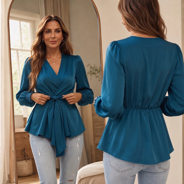 Waistelle – Lustrous V-Neck Tie-Waist Blouse