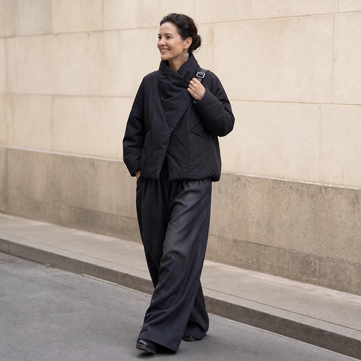 Veluna – Asymmetric Draped-Neck Puffer Jacket