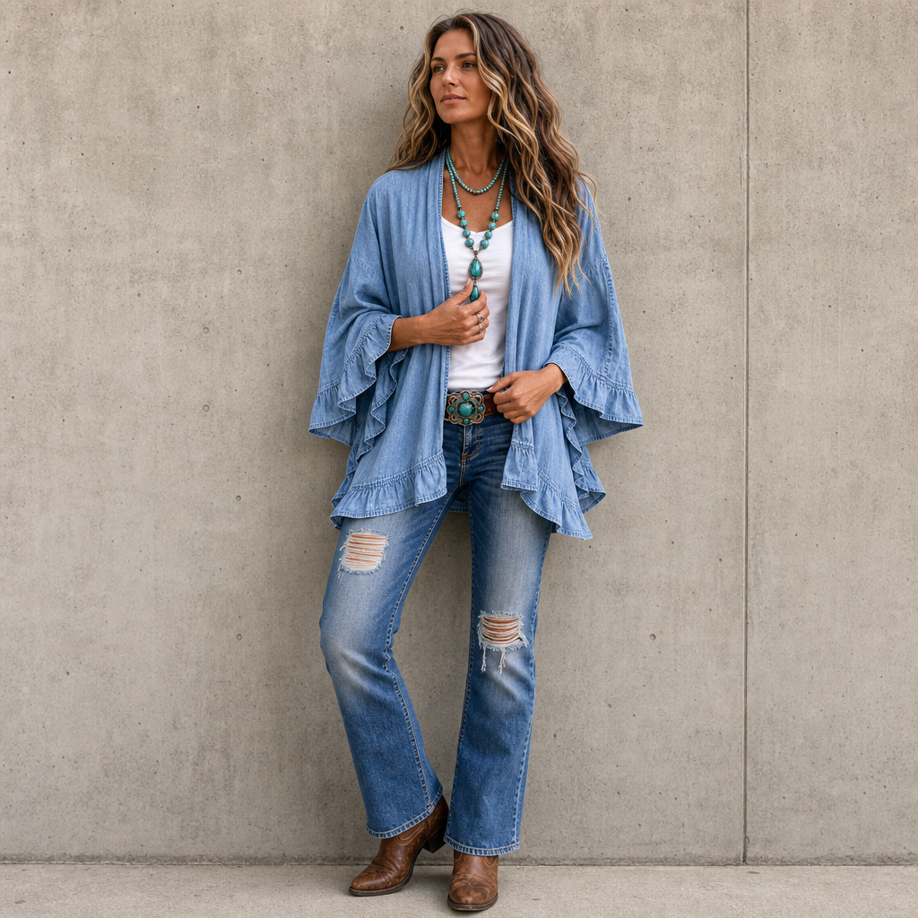 Ruffledenim – Ruffle-Trim Open-Front Denim Cardigan