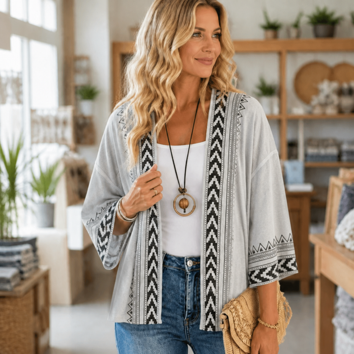 Wearbella – Retro Geometric Print Open-Front Cardigan