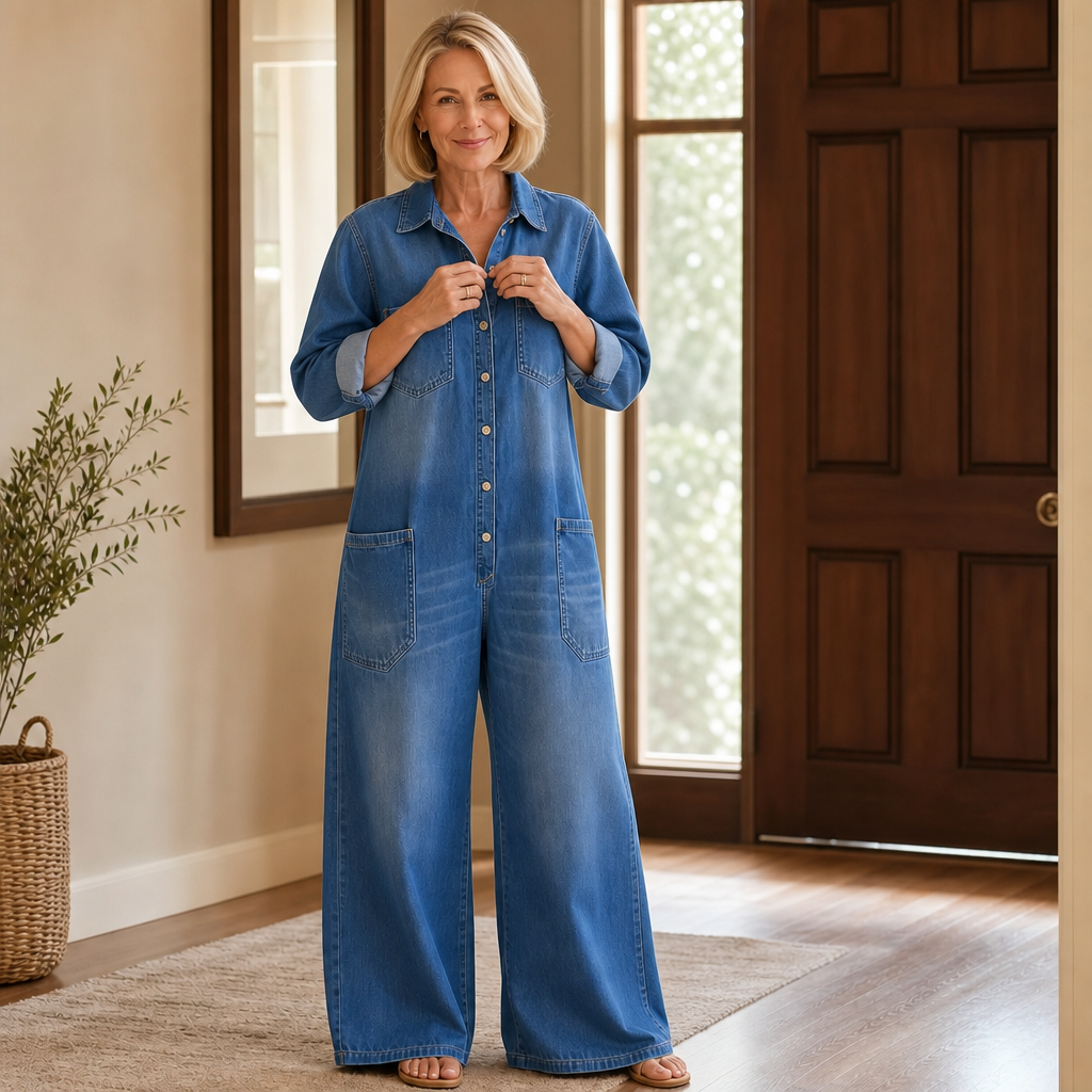Everleigh – Wide-Leg Button-Front Denim Jumpsuit