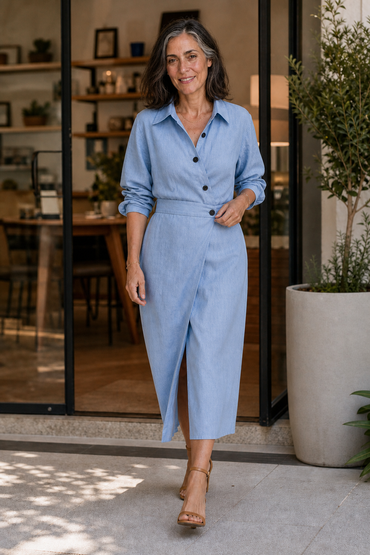 Wrapdaily – Wrap-Belt A-Line Midi Shirt Dress With Pockets