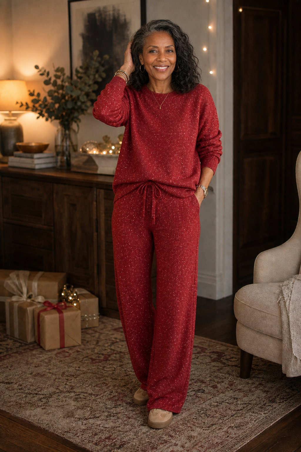 Sparklounge – Glitter-Knit Drawstring Sweater And Pants Set
