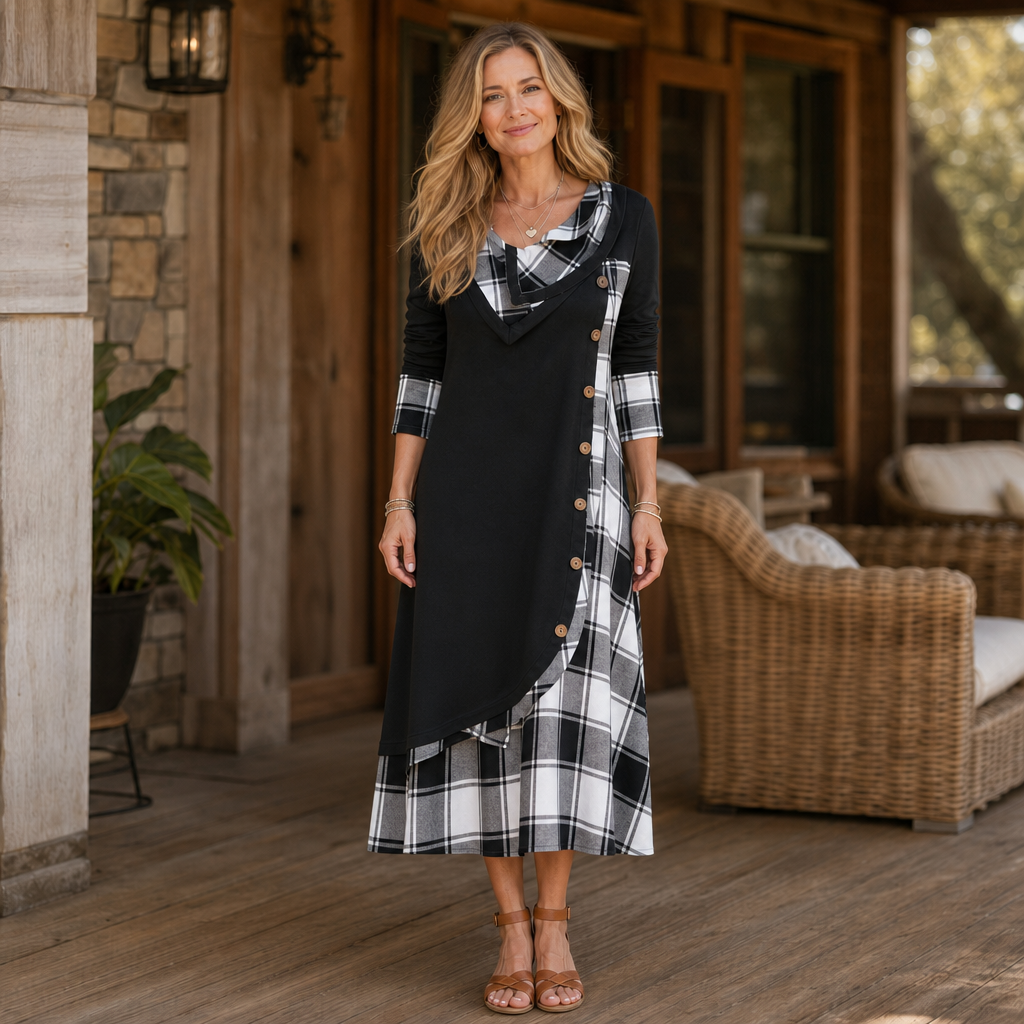 Wovelle – Plaid Patchwork Cowl Neck Midi Dress