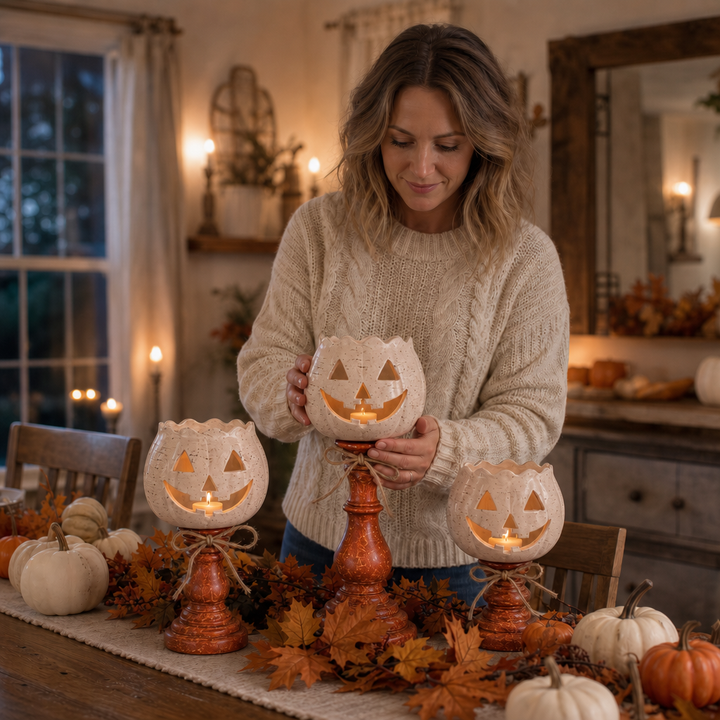 Harvestglow – Distressed Layered Pumpkin Candle Holder Trio (3-pack)
